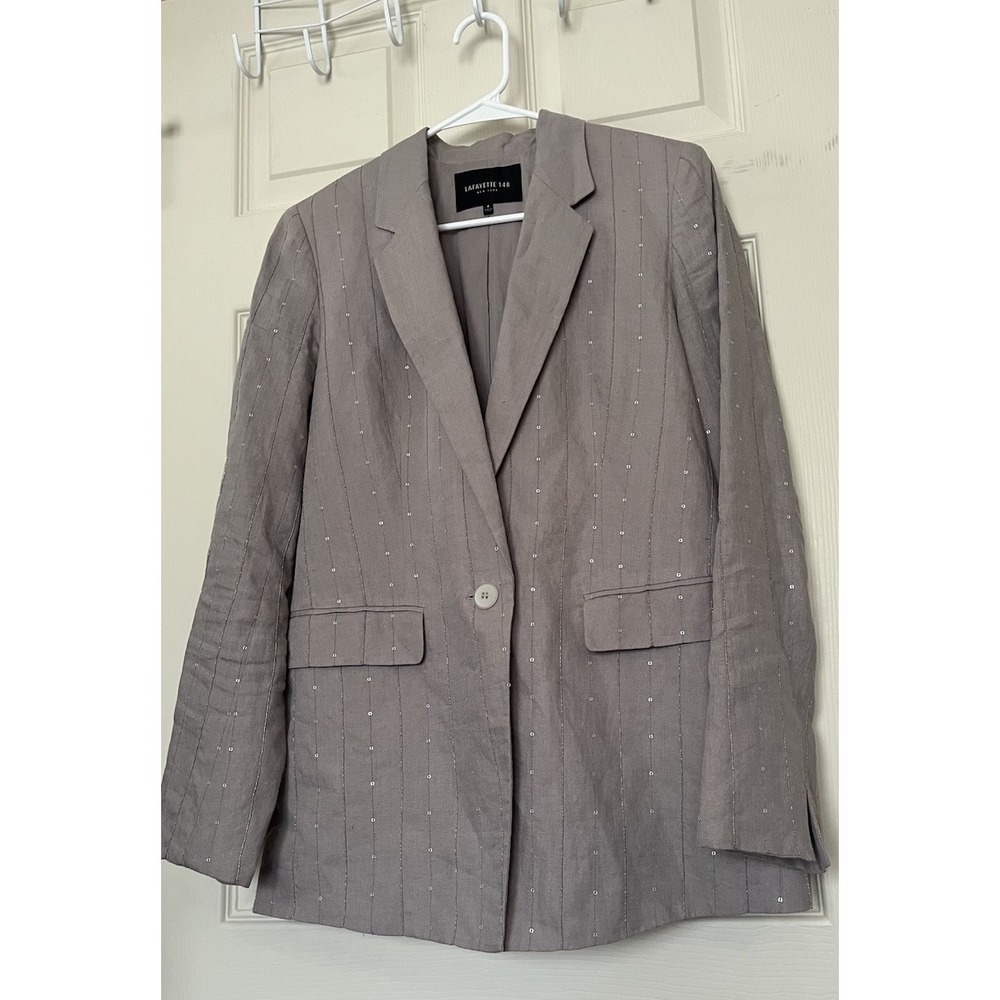 Lafayette 148 Gray Embellished Pinstripe Linen Blazer Jacket Sz 4